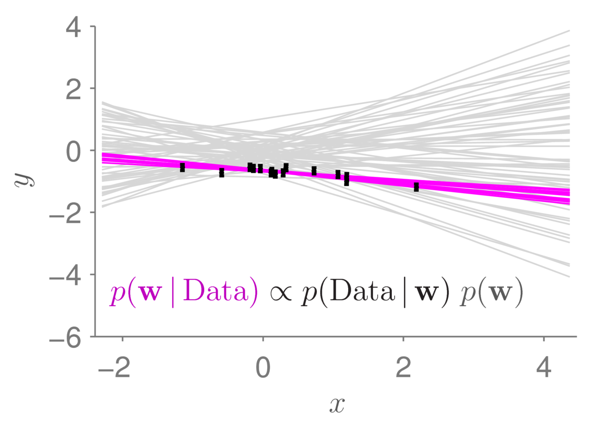 Twelve magenta lines almost on top of each other in front of many gray lines with different slopes and intercepts.